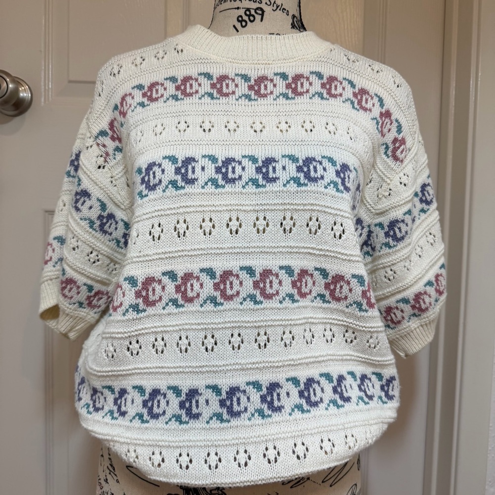 White Crochet Floral Patterned 90s Sweater